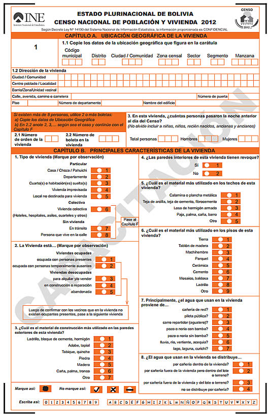 Boleta censal 2012: Censo Nacional de población y vivienda