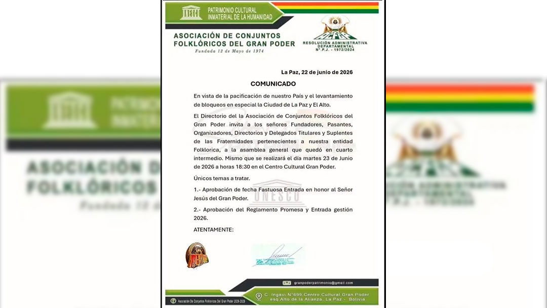 Comunicado emitido el 22 de junio de 2026 por la Asociación de conjuntos Folklóricos del Gran Poder