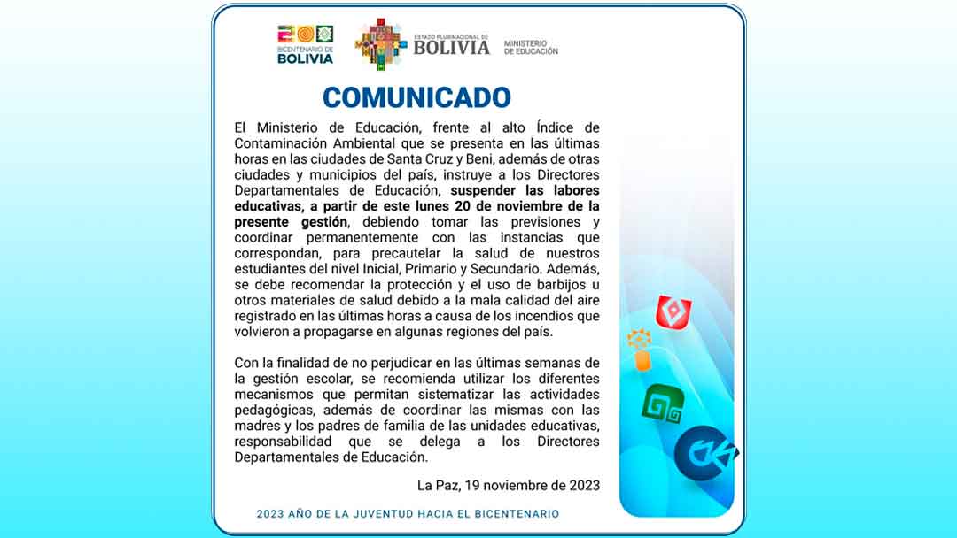 El Ministerio de Educación informa que se suspenden las clases en las ciudades y regiones afectadas por el humo debido a los incendios.