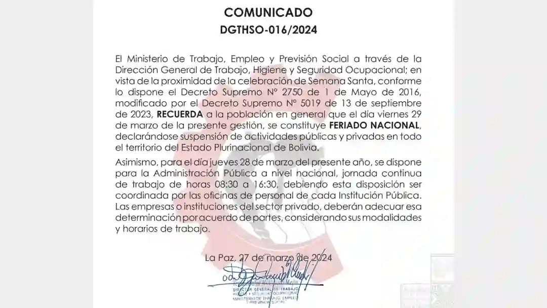 Trabajo confirma horario continuo el jueves y feriado nacional el viernes por “Semana Santa”