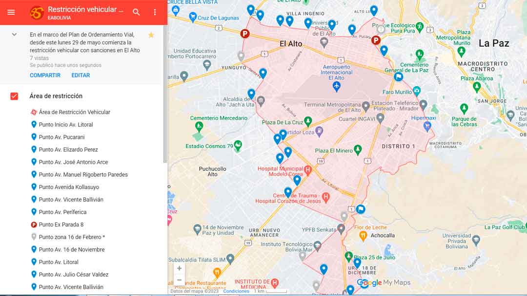 Restricción vehicular en El Alto en Google Maps