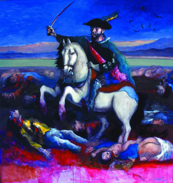 Obra de Raúl Lara, que muestra a Santiago en un rol como conquistador.