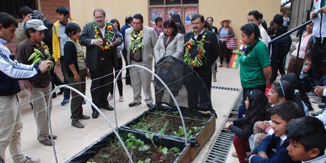 Huertos escolares en la Unidad Educativa Jesús Terceros en el municipio de Sacaba (Cochabamba).