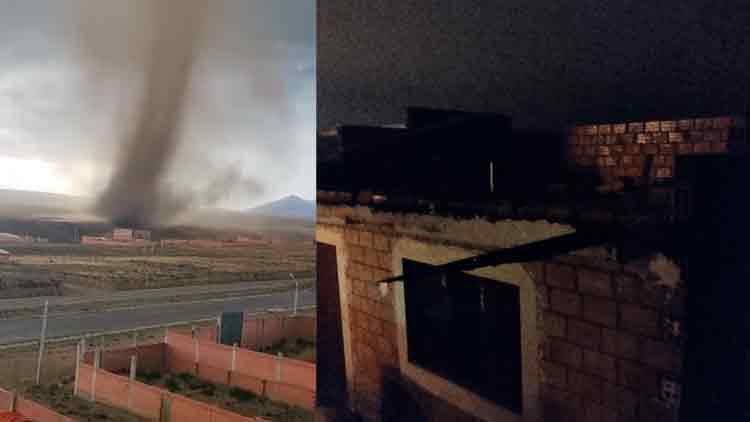 Casas dañadas, techos desprendidos y muros derrumbados en el Distrito 5 causados por el tornado de ayer en El Alto.