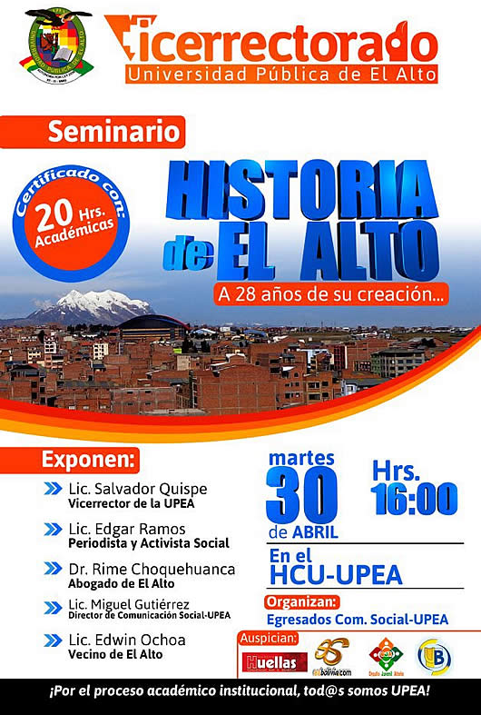 Afiche del seminario “Historia de El Alto” a 28 años de su creación