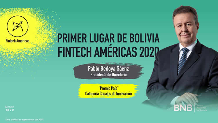 Pablo Bedoya, en nombre del BNB, recibió el primer lugar a los Innovadores Financieros en las Américas 2020. Pablo Bedoya, en nombre del BNB, recibió el primer lugar a los Innovadores Financieros en las Américas 2020.