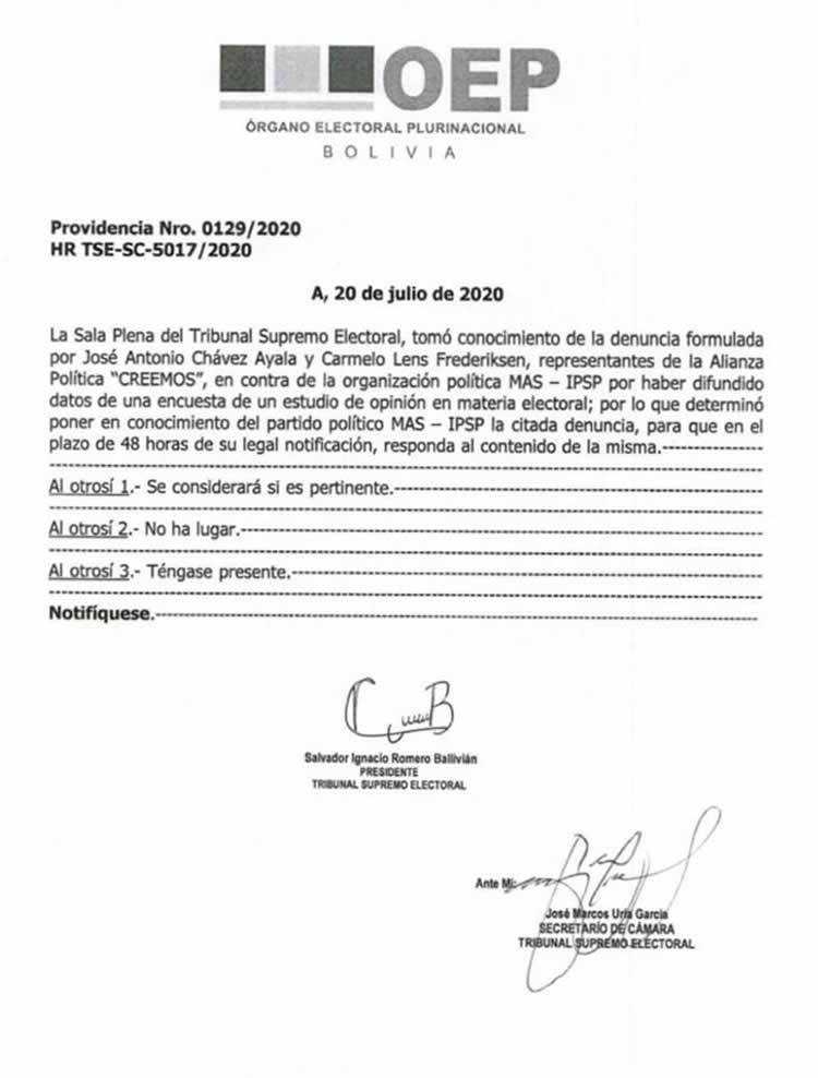 La Sala Plena del TSE admite la denuncia en contra del MAS La Sala Plena del TSE admite la denuncia en contra del MAS