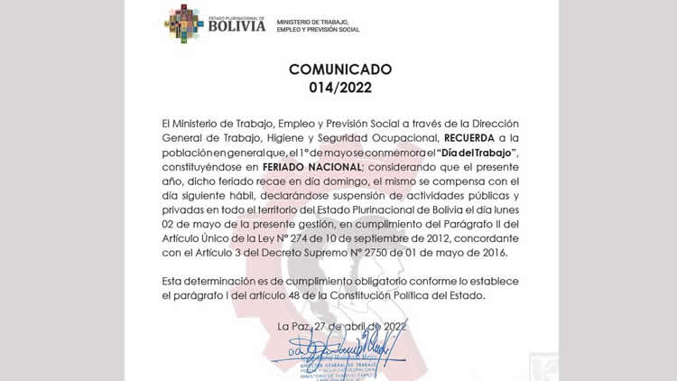 Comunicado del Ministerio de Trabajo.