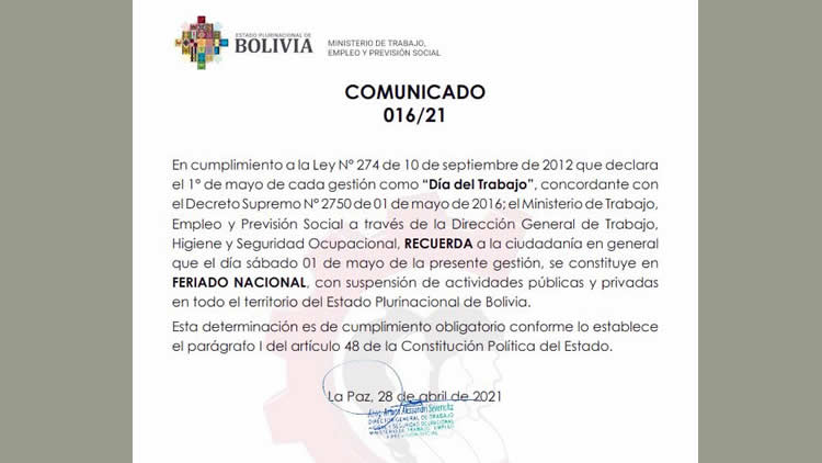 Ministerio de Trabajo confirma feriado por el Día del Trabajador.