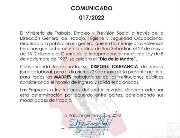 Comunicado del Ministerio de Trabajo que dispone tolerancia de media jornada laboral