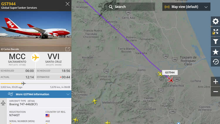 Captura de la trayectoría en vivio del avión Supertanker en el portal flightradar24.com Captura de la trayectoría en vivio del avión Supertanker en el portal flightradar24.com