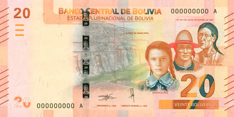 El nuevo billete de 20 bolivianos que fue emitido por el Banco Central de Bolivia (BCB)