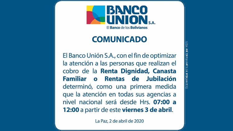 Comunidado del Banco Unión publicado en su cuenta oficial de Redes Sociales