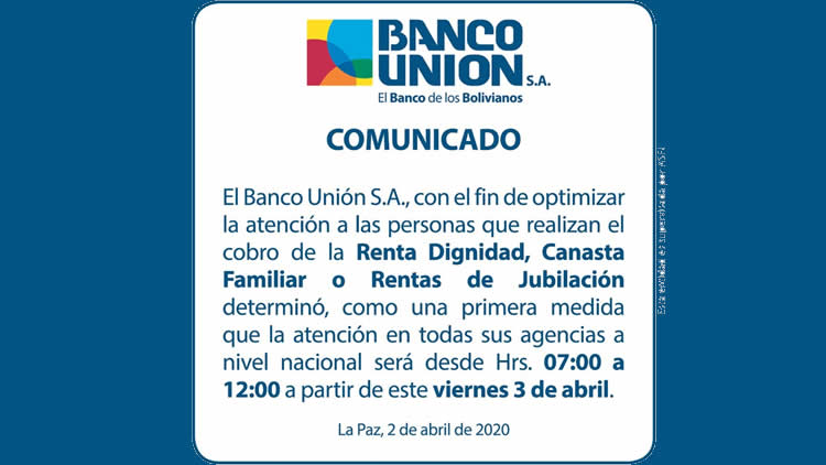 Comunidado del Banco Unión publicado en su cuenta oficial de Redes Sociales Comunidado del Banco Unión publicado en su cuenta oficial de Redes Sociales