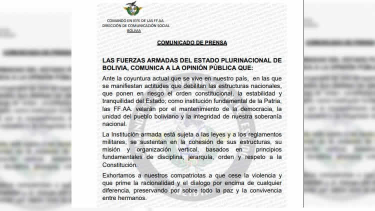 El comunicado de prense de las Fuerzas Armadas de Bolivia. El comunicado de prense de las Fuerzas Armadas de Bolivia.