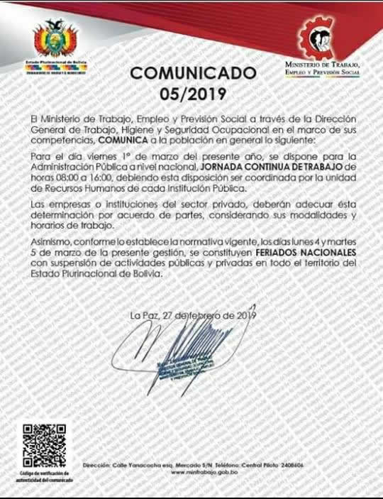 Comunicado oficial del Ministerio de Trabajo.