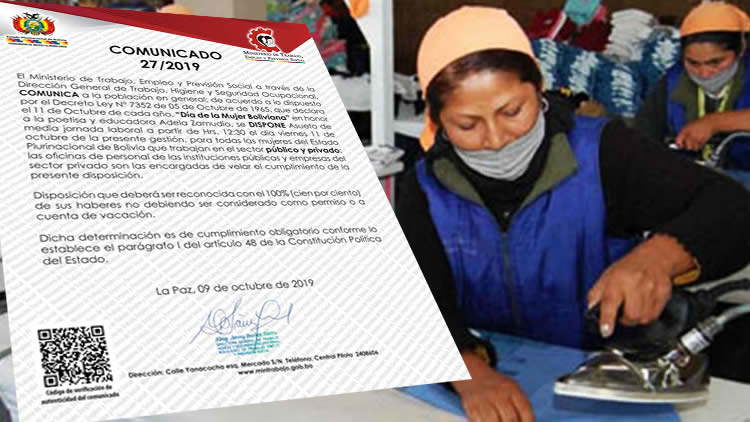 Ministerio de Trabajo dispone asueto de media jornada por el “Día de la Mujer Boliviana”. Ministerio de Trabajo dispone asueto de media jornada por el “Día de la Mujer Boliviana”.