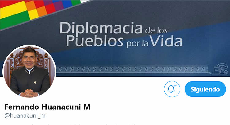 Portada de la cuenta de Twitter del canciller boliviano, Fernando Huanacuni.