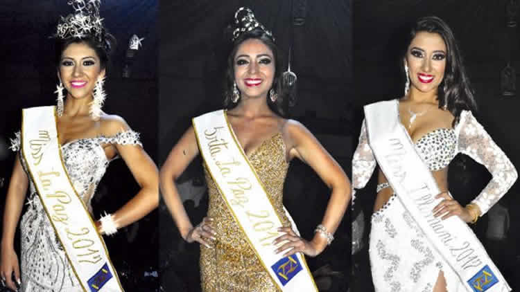 Griselda Zegarra, Miss La Paz; María Eugenia Cava, Señorita La Paz; y Lesli Aguilar Bothelo, Miss Illimani.