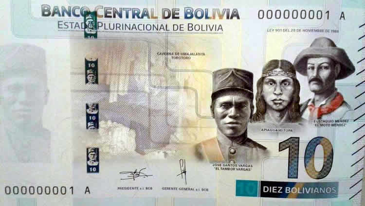 Nuevo billete de 10 bolivianos, cara anterior.