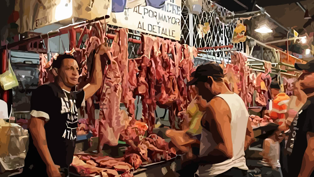 Venta de carne de res en un mercado de Santa Cruz.