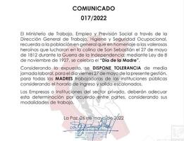 Disponen tolerancia laboral para las mamás por el 27 de mayo
