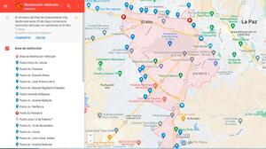 Restricción vehicular en El Alto, perímetro de 38 puntos, en Google Maps