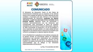 Educación instruye suspender labores escolares en regiones afectadas por alta contaminación